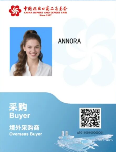 Sample Canton Fair overseas buyer badge with photo, QR code, and buyer category