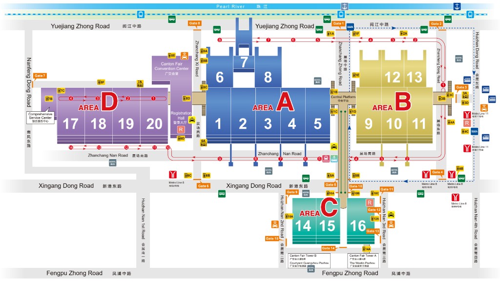 Canton Fair Pazhou complex map showing Areas A B C D, halls, metro stations, and gates
